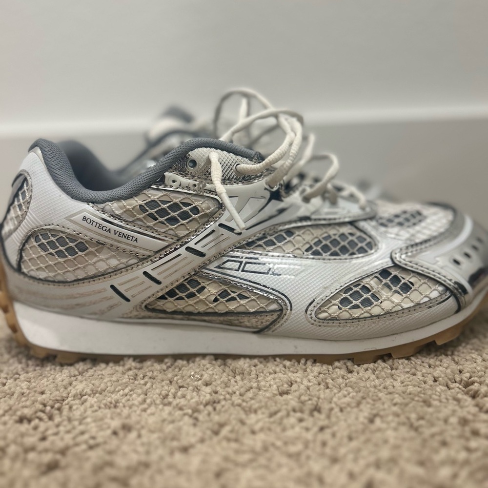 Bottega Veneta Silver and White Sneakers with Mesh Upper